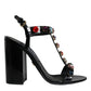 Black Crystal Leather T-strap Sandals Shoes