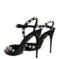 Black Leather Crystal Ankle Strap Sandals Shoes