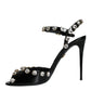 Black Leather Crystal Ankle Strap Sandals Shoes