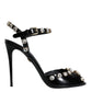 Black Leather Crystal Ankle Strap Sandals Shoes