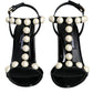 Black Leather Pearls T-strap Sandals Shoes