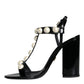 Black Leather Pearls T-strap Sandals Shoes