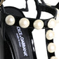 Black Leather Pearls T-strap Sandals Shoes