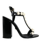 Black Leather Pearls T-strap Sandals Shoes