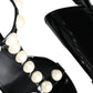 Black Leather Pearls T-strap Sandals Shoes