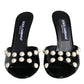 Black Leather Pearls Slides Sandals Shoes