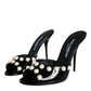 Black Leather Pearls Slides Sandals Shoes