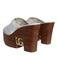 White Leather Wood Mules Wedge Slides Shoes