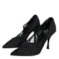 Black Mary Jane Pumps Lace Crystals Heels Shoes