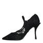 Black Mary Jane Pumps Lace Crystals Heels Shoes