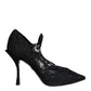 Black Mary Jane Pumps Lace Crystals Heels Shoes