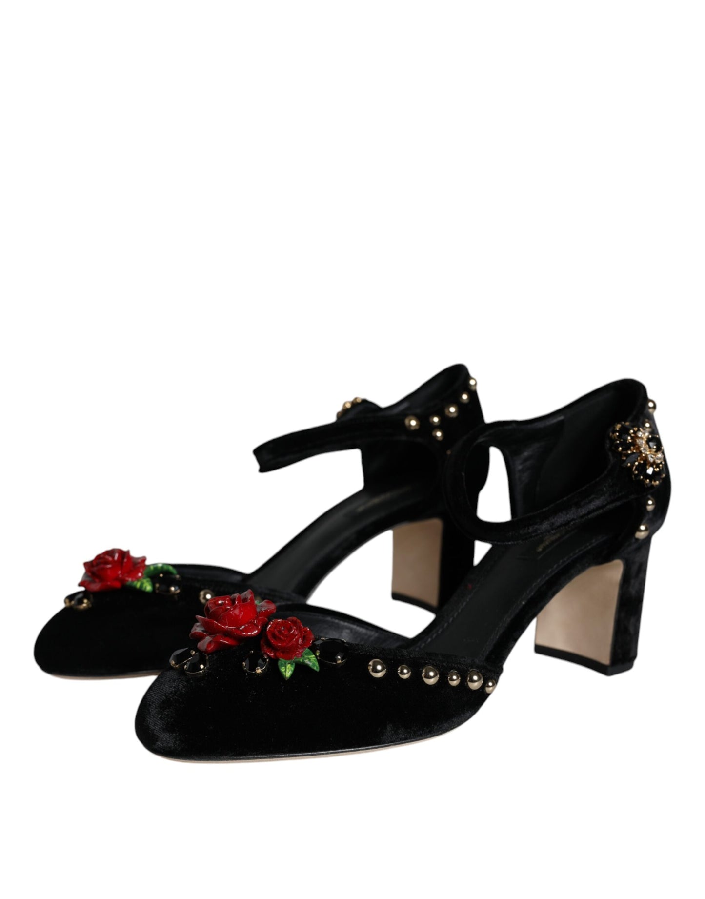 Black Velvet Roses Ankle Strap Pumps Shoes