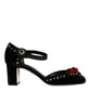 Black Velvet Roses Ankle Strap Pumps Shoes