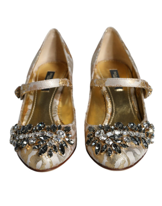 Gold Jacquard Crystal Mary Janes Pumps Shoes