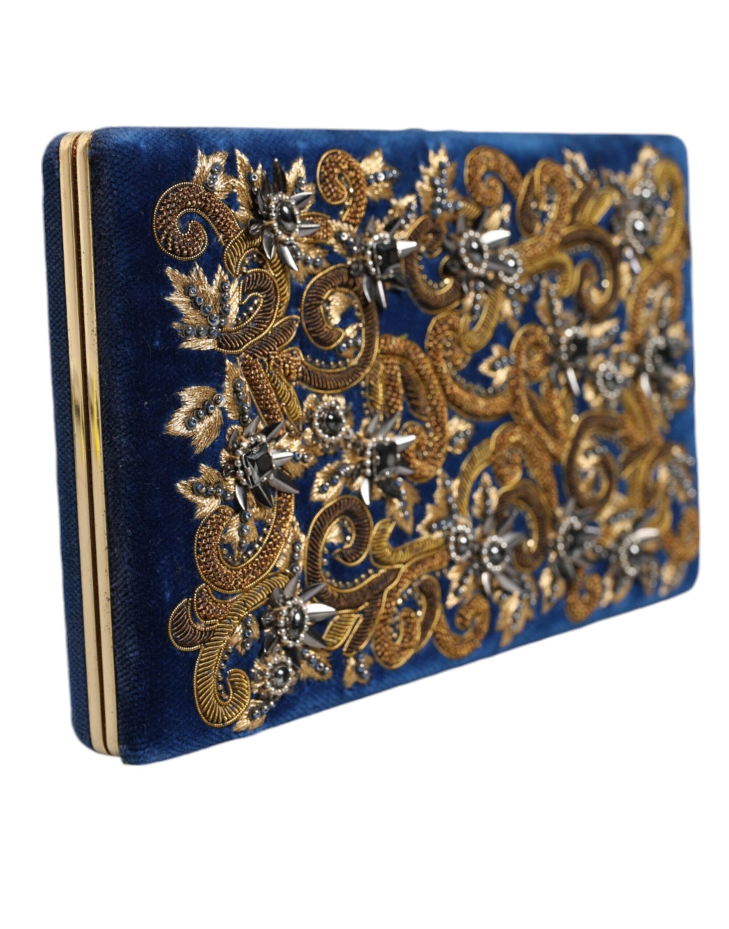 Blue Velvet Gold Frame Clutch Evening Party Purse Bag