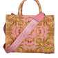 Pink Yellow Baroque Fabric Leather Shopping Tote Bag