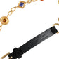 Black Leather Gold Brass Crystal Chain Waist Belt