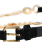 Black Leather Gold Brass Crystal Chain Waist Belt