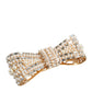 Gold Tone Brass Bow Crystal FauxPearl Embellished Brooch