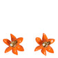 Orange Green Gold Brass Lily Flower Clip Floral Earrings