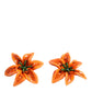 Orange Green Gold Brass Lily Flower Clip Floral Earrings