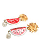 Red Watermelon Gold Brass Crystal Clip Dangling Earrings