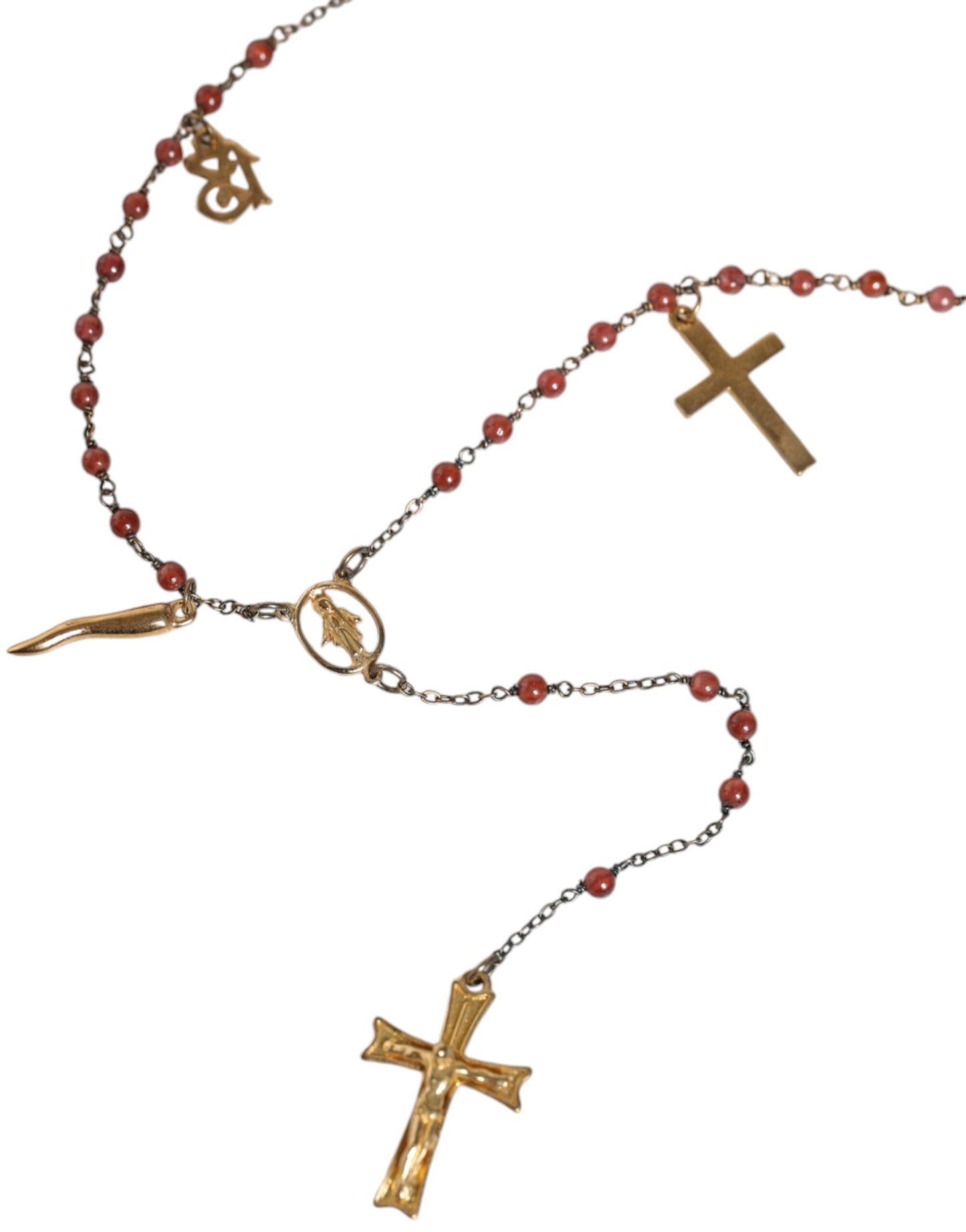 Gold Chain Brass Beaded Rosary Cross Pendant Necklace