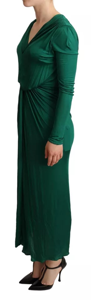 Dark Green Viscose Long Sleeve Midi Dress