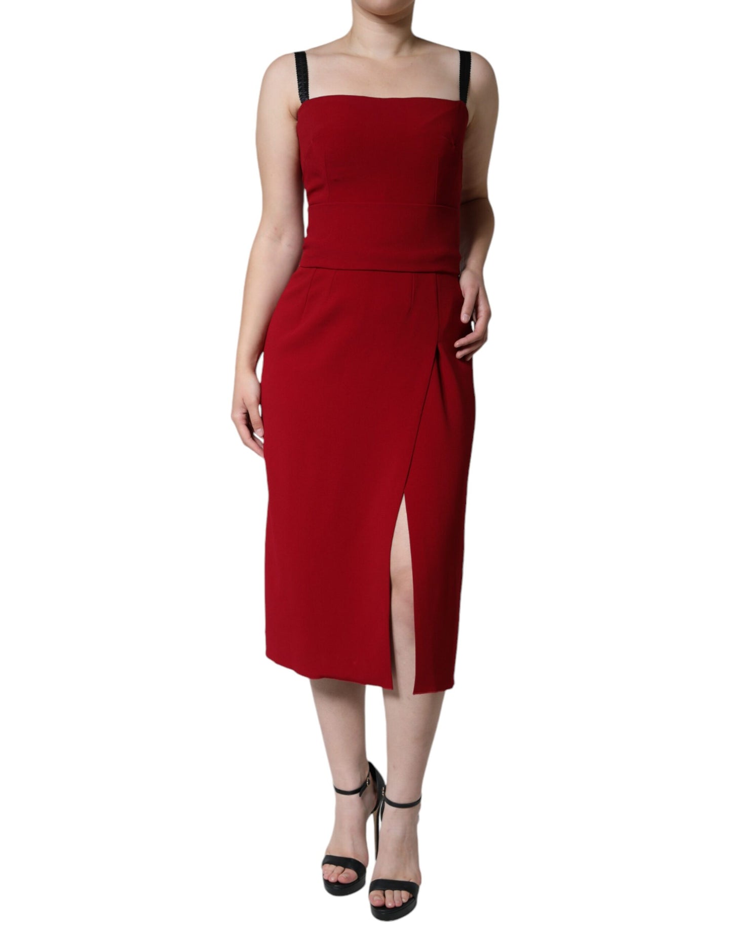 Red Viscose Stretch Side Slit Sheath Midi Dress