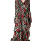 Brown Leopard Red Roses Silk Long Gown Dress