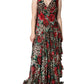 Brown Leopard Red Roses Silk Long Gown Dress