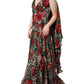 Brown Leopard Red Roses Silk Long Gown Dress