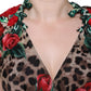 Brown Leopard Red Roses Silk Long Gown Dress