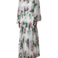 White Silk Floral Print Long Maxi Dress