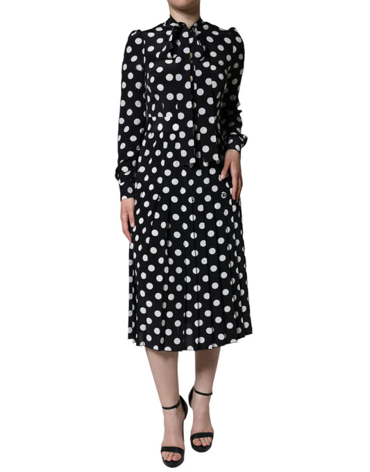 Black White Polka Dot Ascot Collar Midi Dress