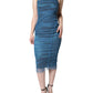 Blue Mesh Trim Ruched Tulle Sheath Dress