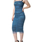 Blue Mesh Trim Ruched Tulle Sheath Dress