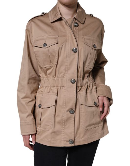 Beige Cotton Long Sleeve Collared Coat Jacket