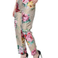 Beige Floral Jacquard High Waist Tapered Pants