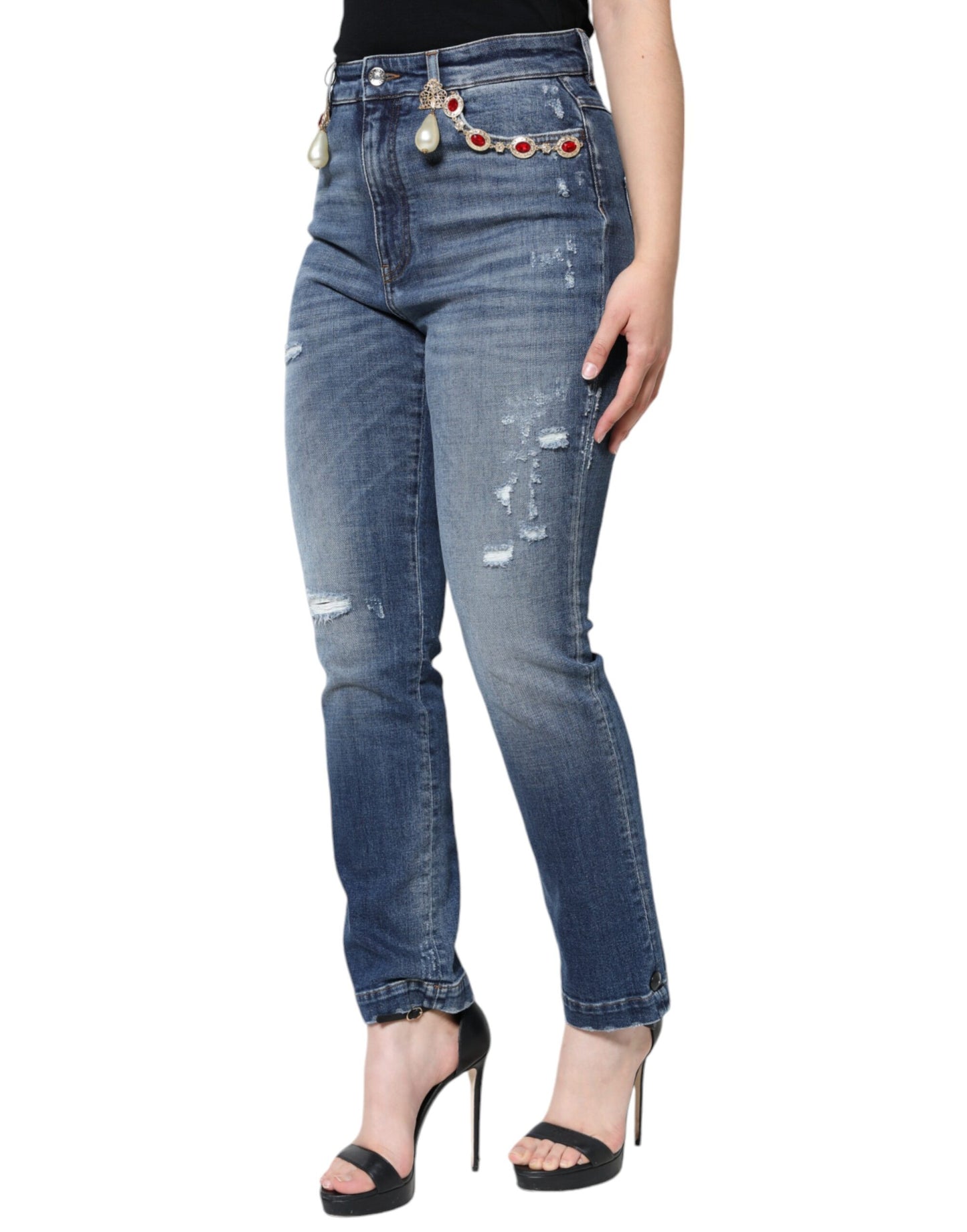 Dark Blue Cotton Tattered Skinny Denim Jeans