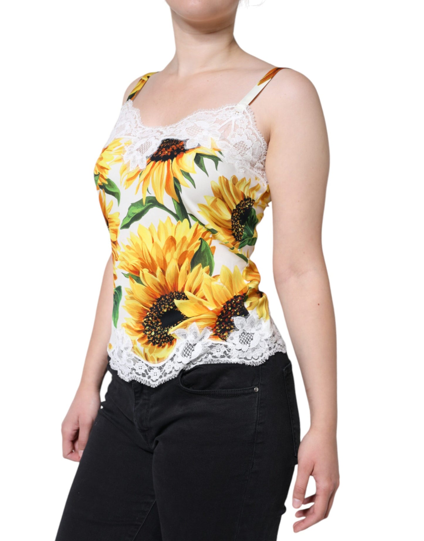 White Silk Sunflower Lace Sleeveless Tank Top