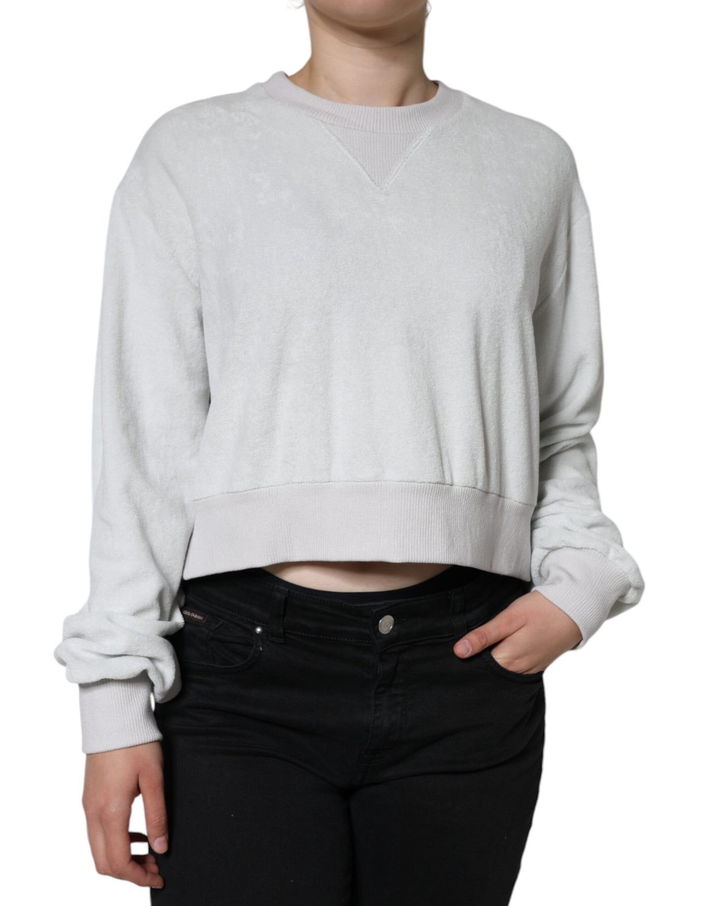 White Nylon Stretch Crew Neck Pullover Sweater