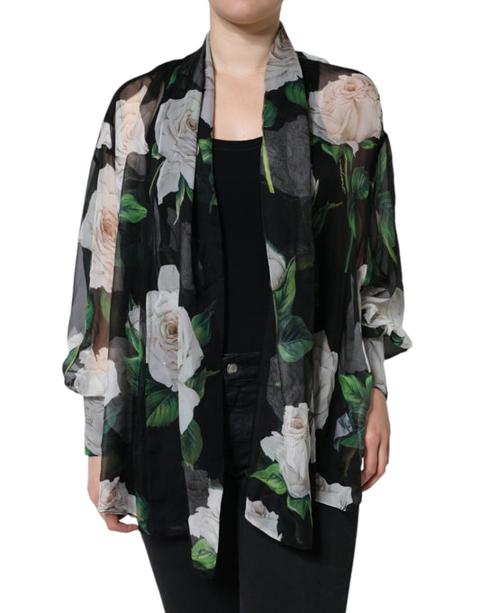 Black Floral Print Silk Cardigan Blouse Top