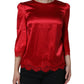 Red Satin Lace Trim Round Neck Blouse Top