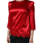 Red Satin Lace Trim Round Neck Blouse Top