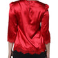 Red Satin Lace Trim Round Neck Blouse Top