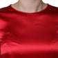 Red Satin Lace Trim Round Neck Blouse Top