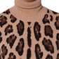 Beige Leopard Print Wool Turtleneck Top