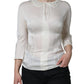 Off White Silk Lace Trimmed 3/4 Sleeves Blouse Top