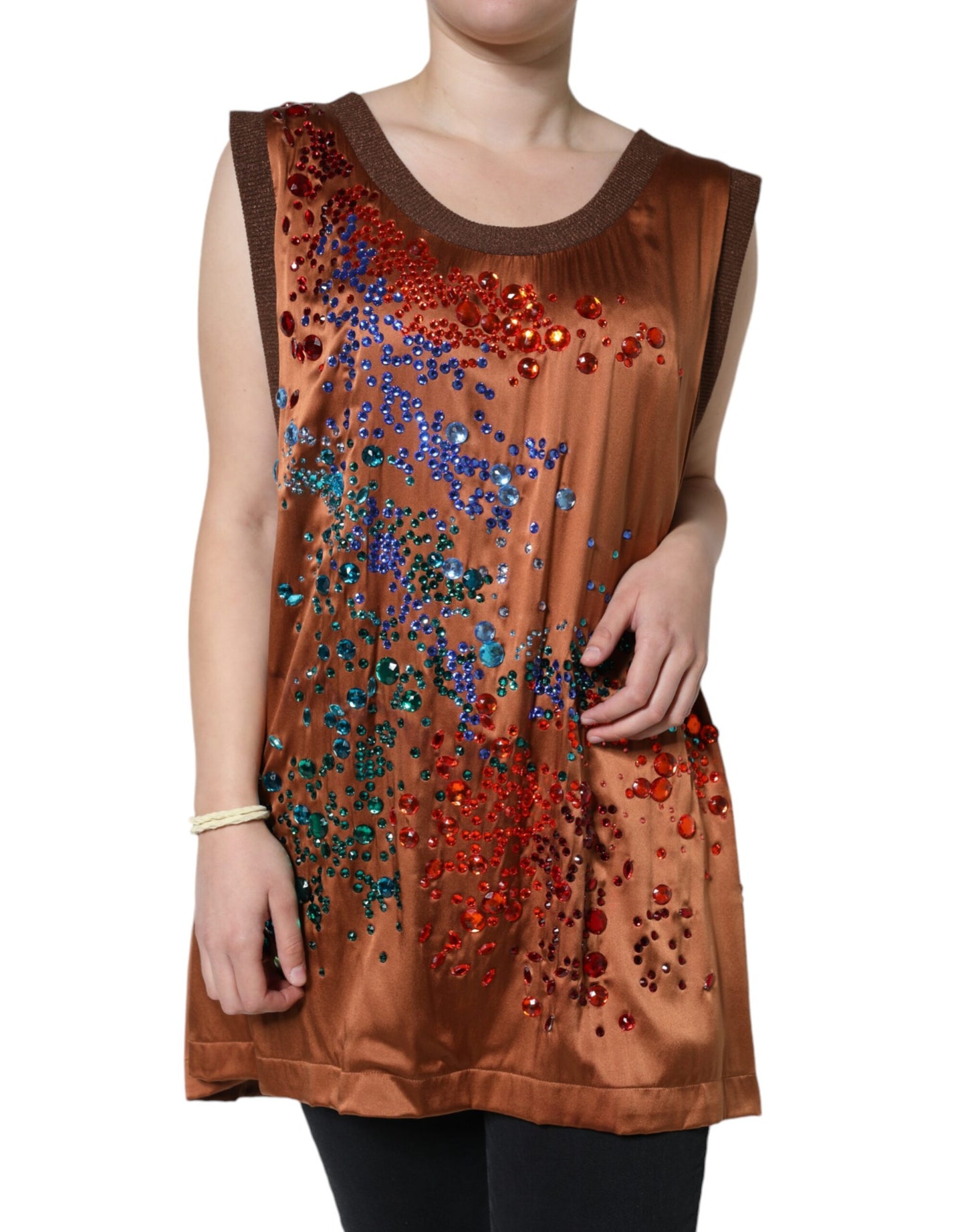 Brown Crystal Embellished Sleeveless Tank Top